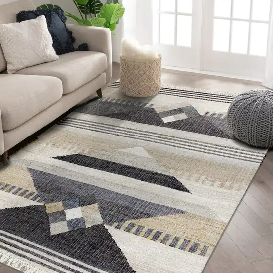 Beige And Black Jute Geometric Hand Woven Square Rug Photo 5