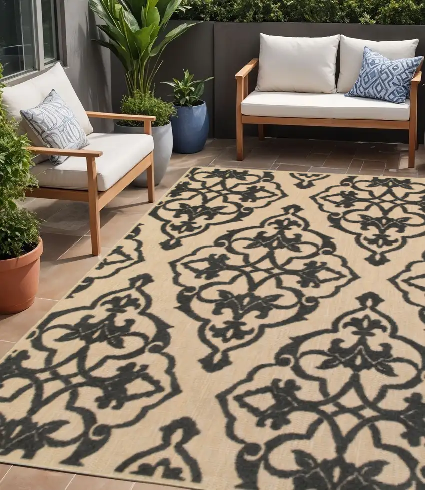 Beige and Black Medallion Stain Resistant Indoor Outdoor Area Rug Photo 1