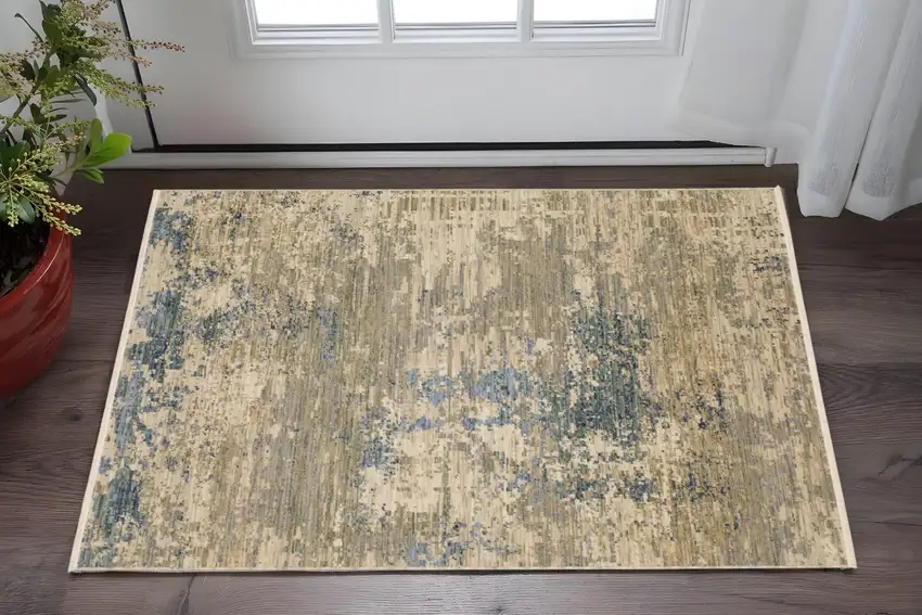 Beige And Blue Abstract Area Rug With Fringe Photo 1