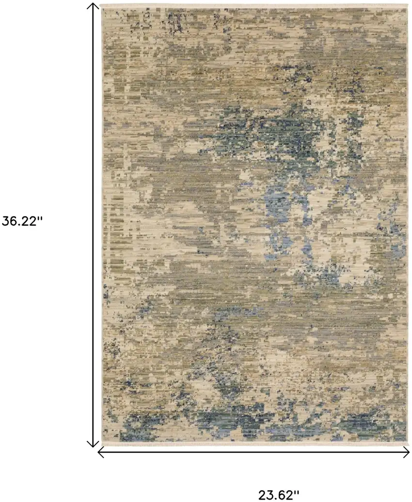 Beige And Blue Abstract Area Rug With Fringe Photo 3