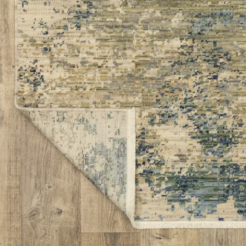 Beige And Blue Abstract Area Rug With Fringe Photo 7