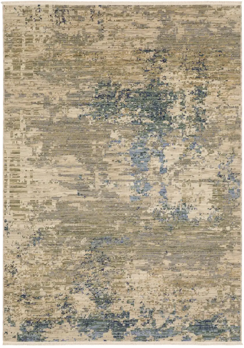 Beige And Blue Abstract Area Rug With Fringe Photo 2
