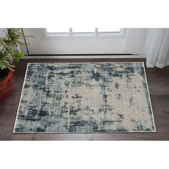 Beige And Blue Abstract Area Rug With Fringe Photo 1