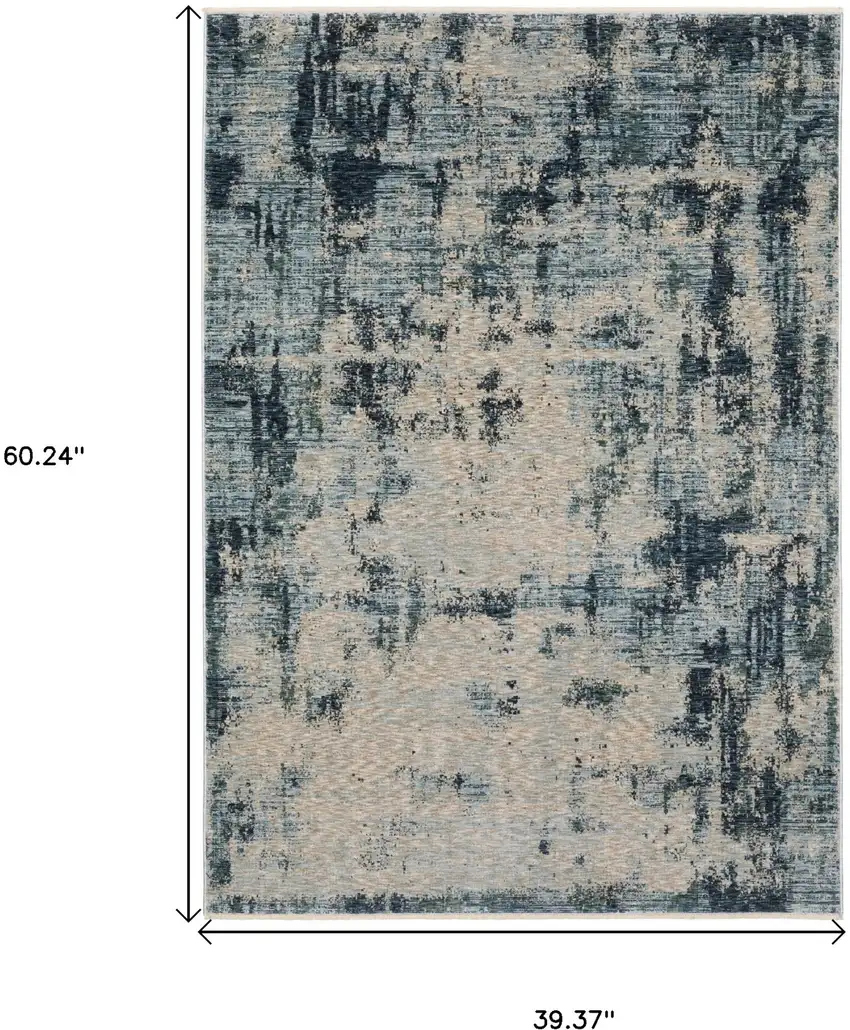 Beige And Blue Abstract Area Rug With Fringe Photo 3