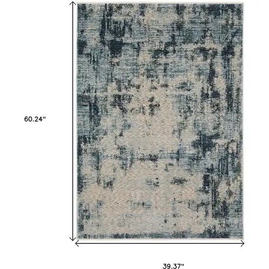 Beige And Blue Abstract Area Rug With Fringe Photo 3