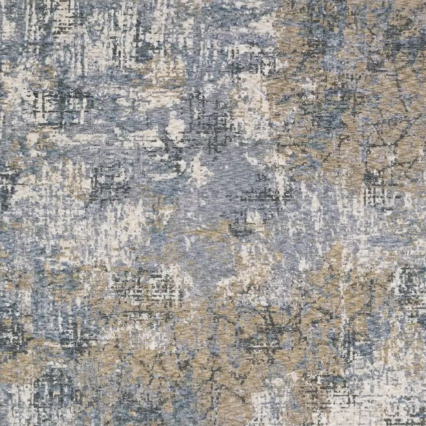 Beige And Blue Abstract Area Rug With Fringe Photo 7