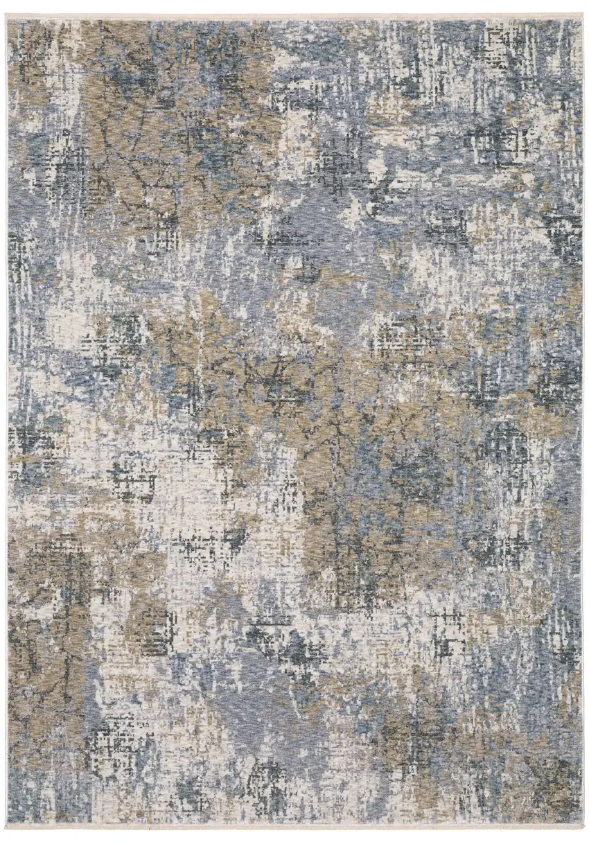 Beige And Blue Abstract Area Rug With Fringe Photo 4