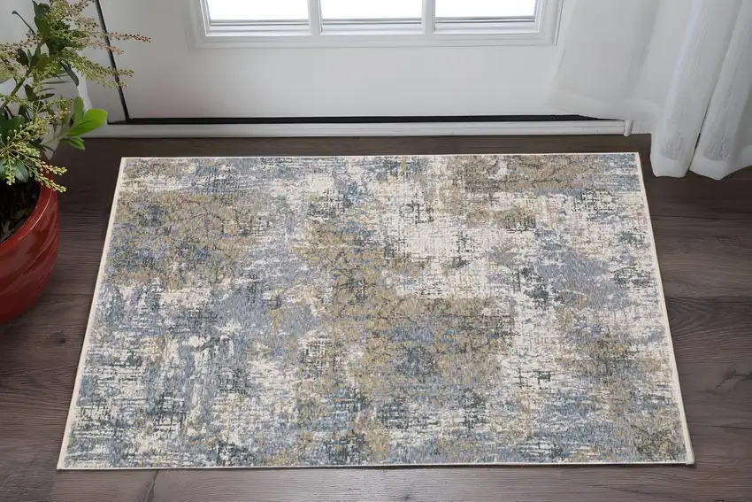 Beige And Blue Abstract Area Rug With Fringe Photo 1