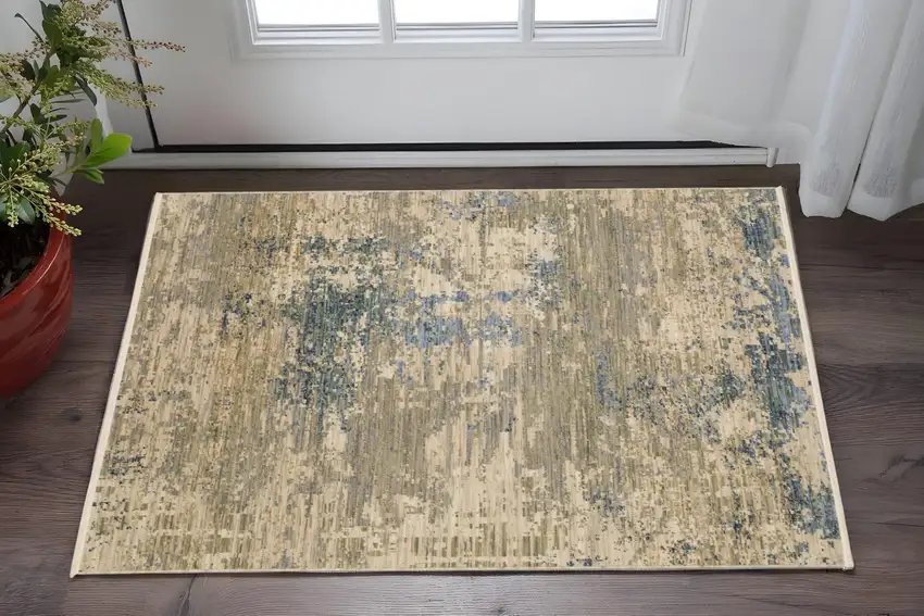 Beige And Blue Abstract Area Rug With Fringe Photo 1