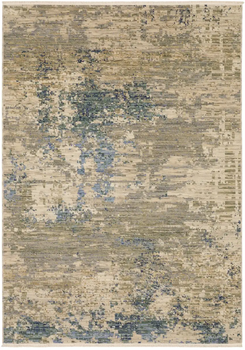 Beige And Blue Abstract Area Rug With Fringe Photo 6