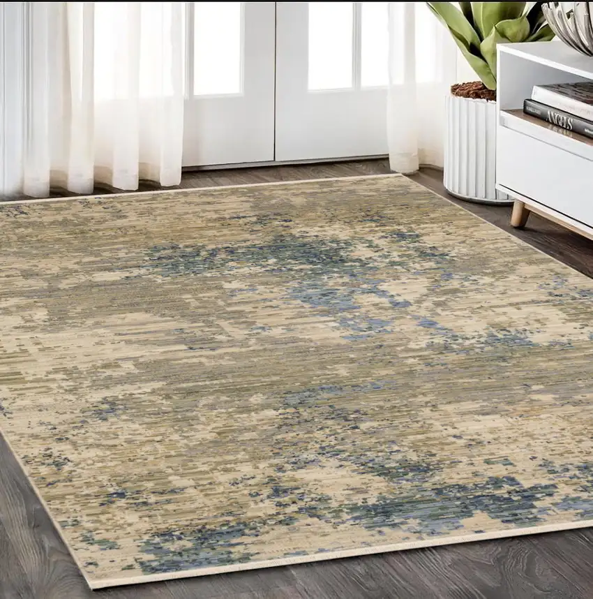 Beige And Blue Abstract Area Rug With Fringe Photo 1