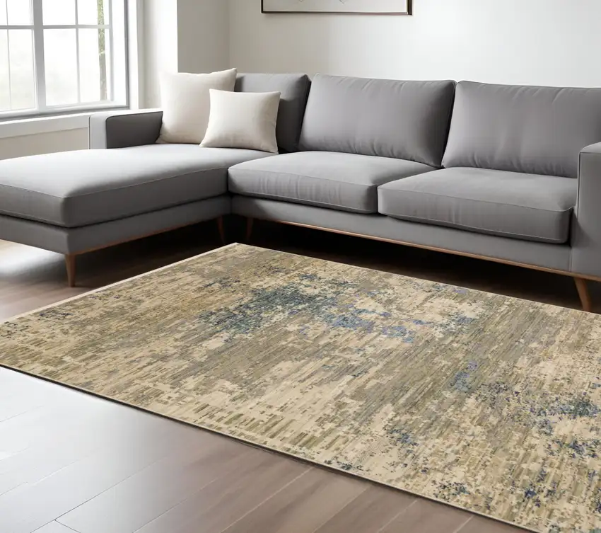 Beige And Blue Abstract Area Rug With Fringe Photo 1