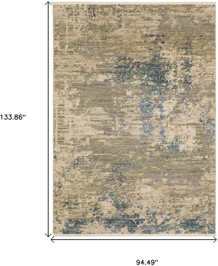 Beige And Blue Abstract Area Rug With Fringe Photo 3