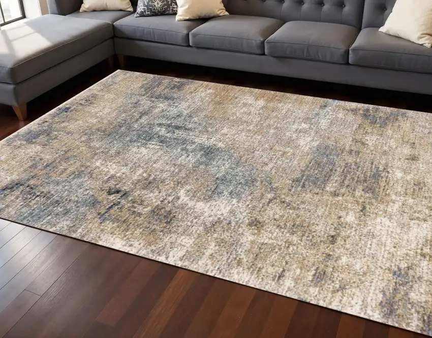 Beige And Blue Abstract Area Rug Photo 1
