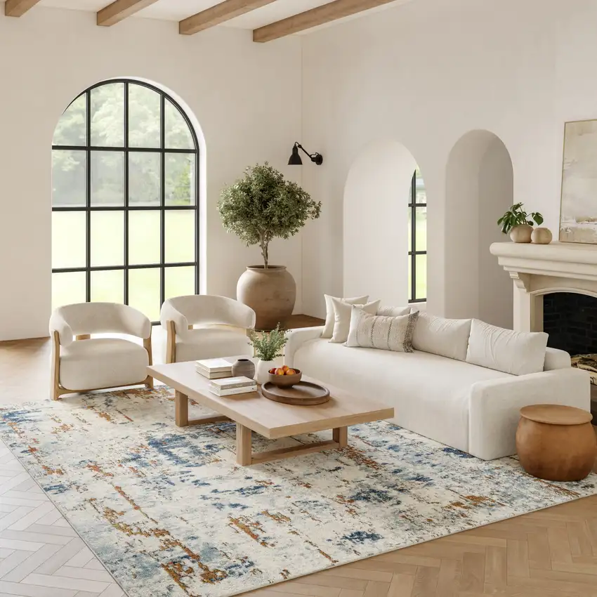 Beige And Blue Abstract Area Rug Photo 5