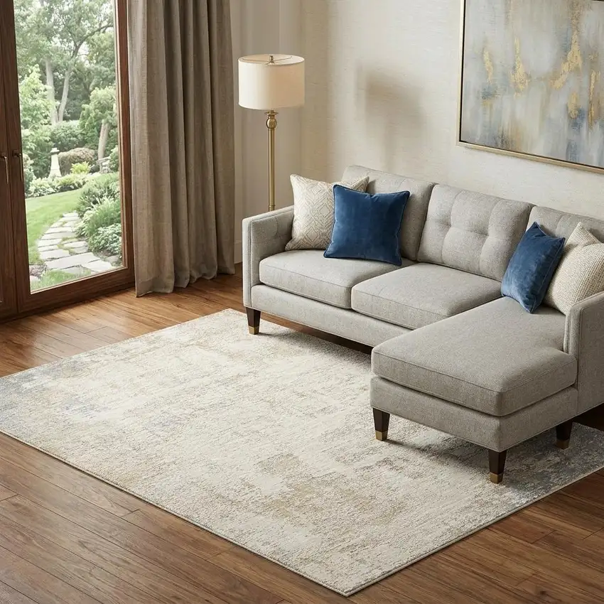 Beige And Blue Abstract Area Rug Photo 1