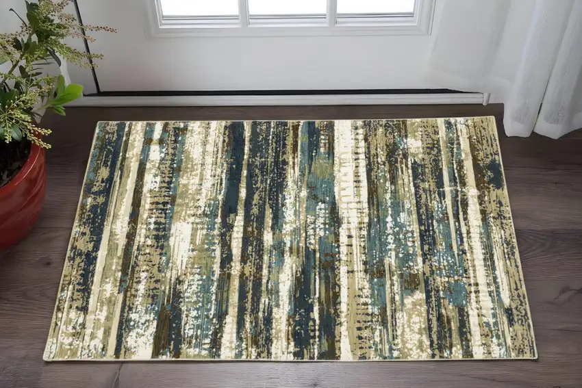 Beige And Blue Abstract Area Rug Photo 1
