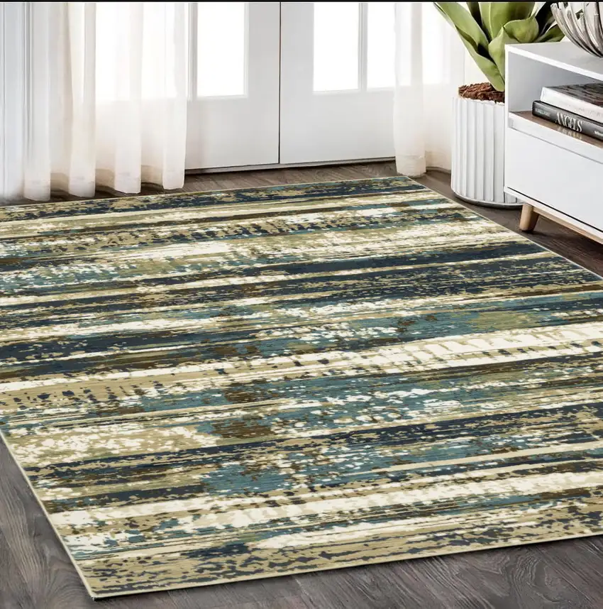 Beige And Blue Abstract Area Rug Photo 1