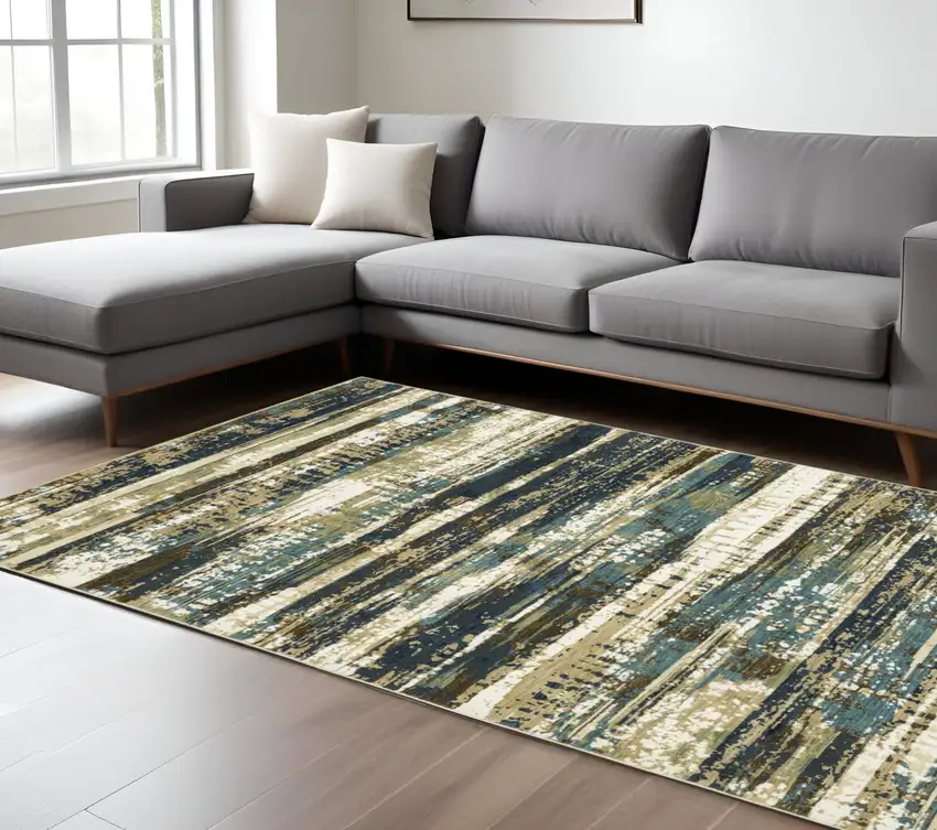 Beige And Blue Abstract Area Rug Photo 1