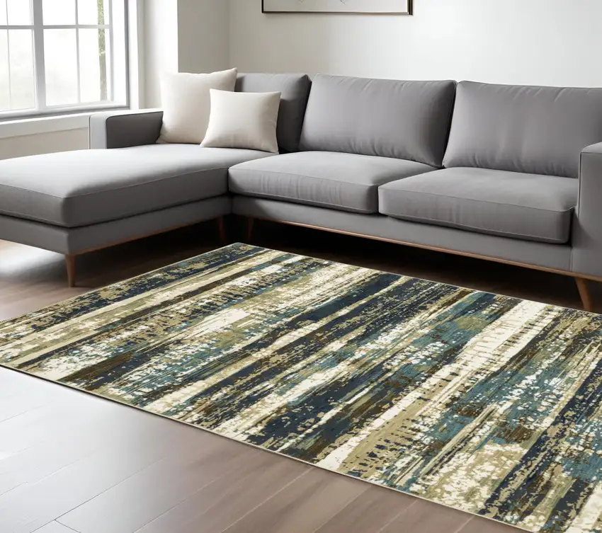 Beige And Blue Abstract Area Rug Photo 1