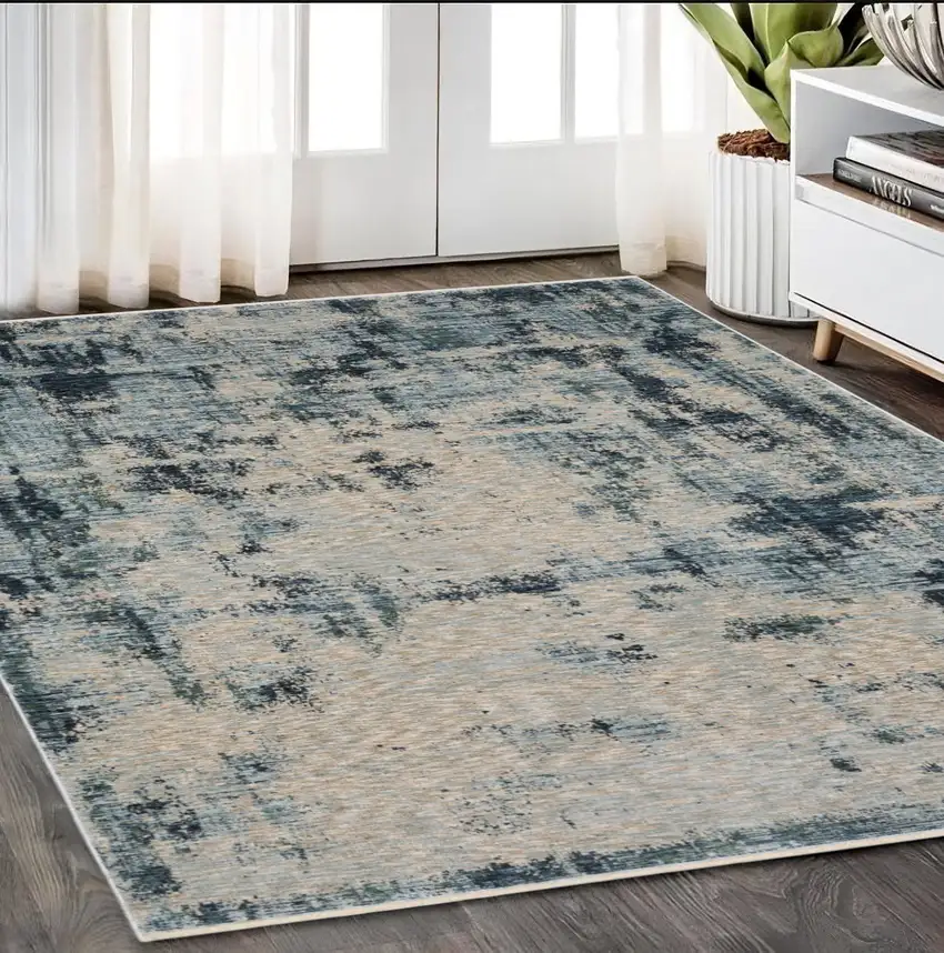 Beige And Blue Abstract Distressed Area Rug With Fringe Photo 1