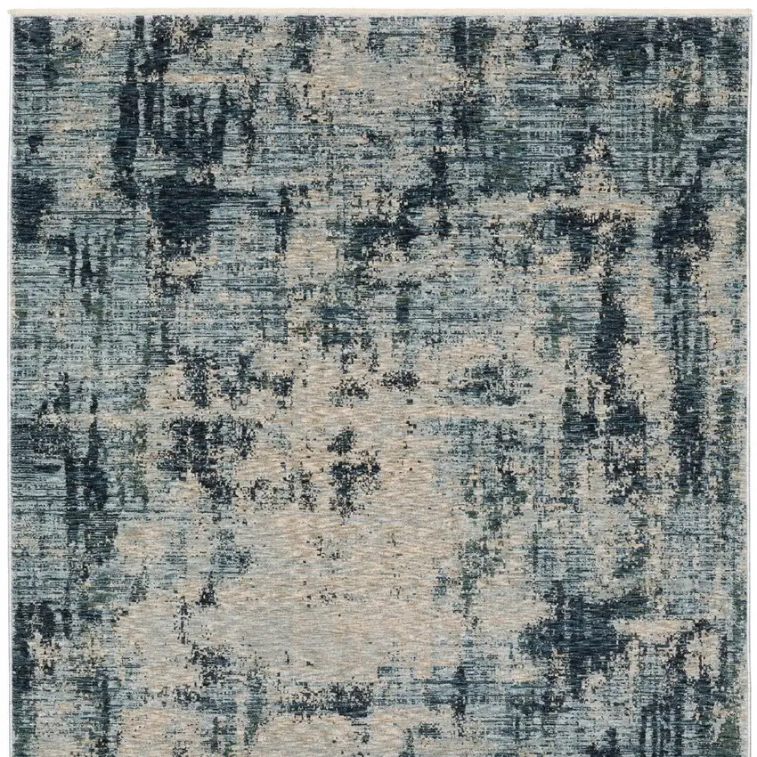 Beige And Blue Abstract Distressed Area Rug With Fringe Photo 6