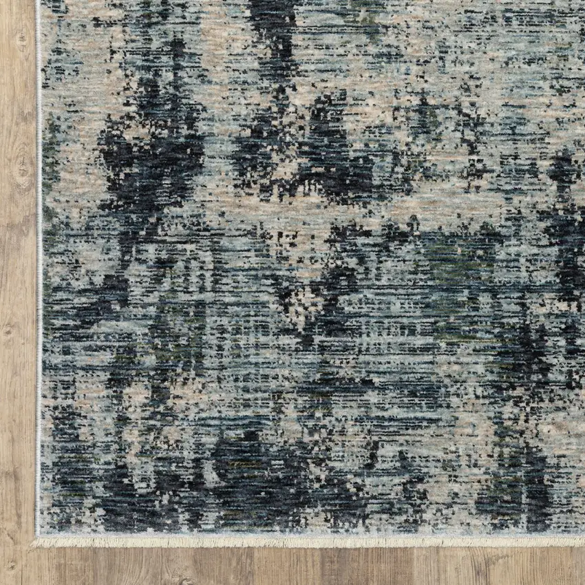 Beige And Blue Abstract Distressed Area Rug With Fringe Photo 9