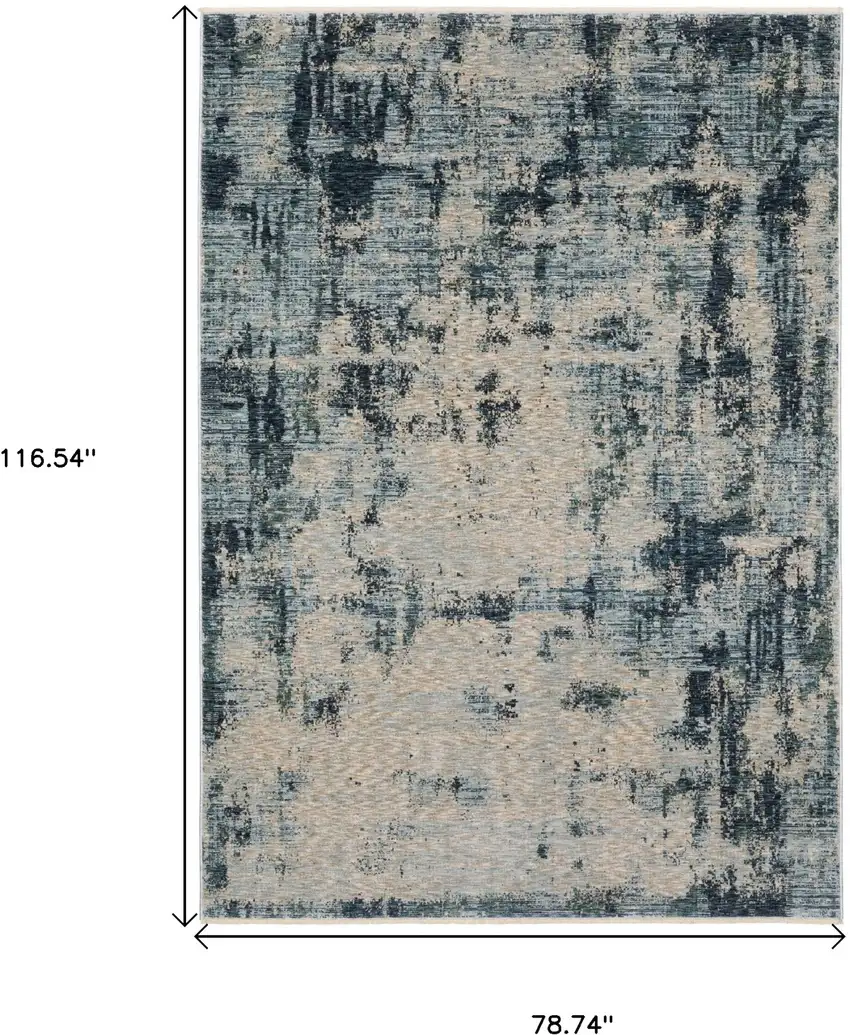 Beige And Blue Abstract Distressed Area Rug With Fringe Photo 3