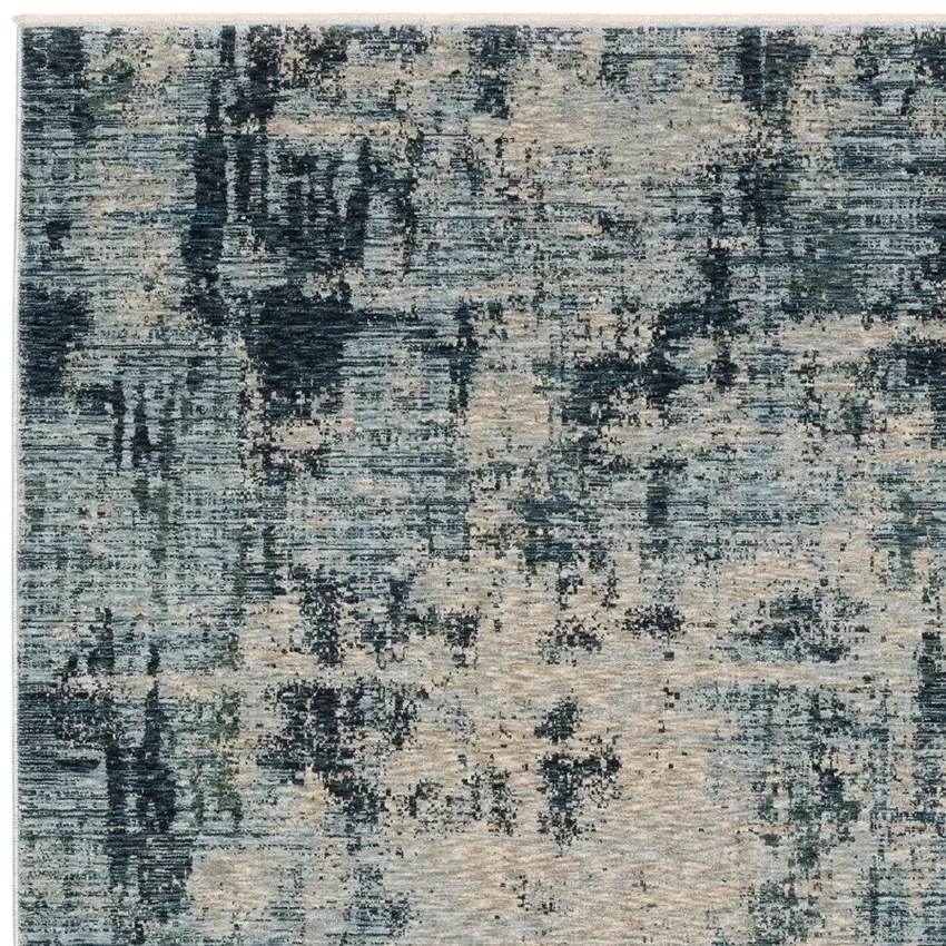 Beige And Blue Abstract Distressed Area Rug With Fringe Photo 8