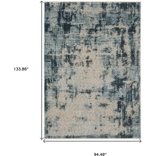 Beige And Blue Abstract Distressed Area Rug With Fringe Photo 3
