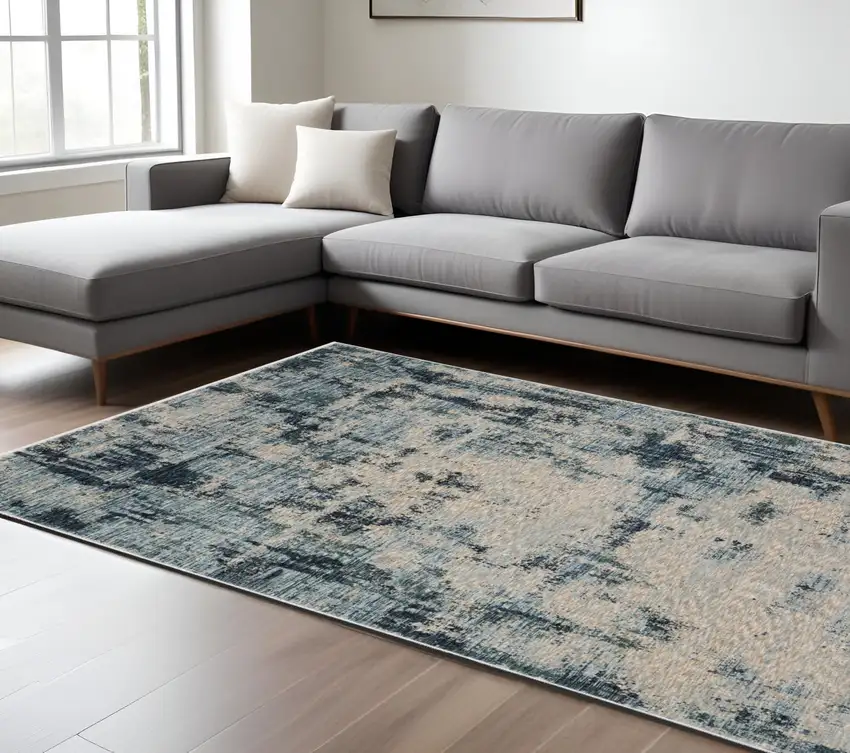 Beige And Blue Abstract Distressed Area Rug With Fringe Photo 1