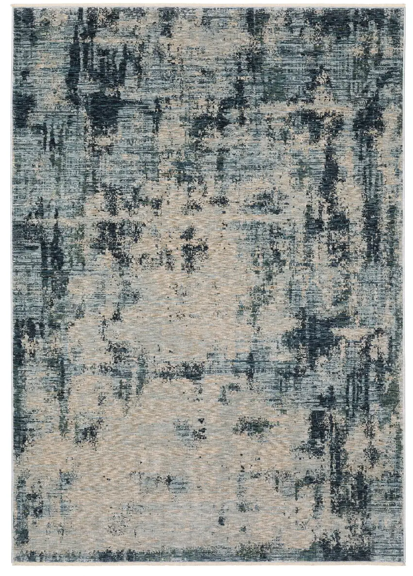Beige And Blue Abstract Distressed Area Rug With Fringe Photo 2