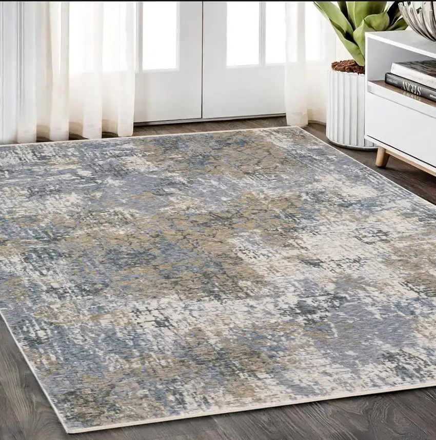 Beige And Blue Abstract Distressed Area Rug With Fringe Photo 1