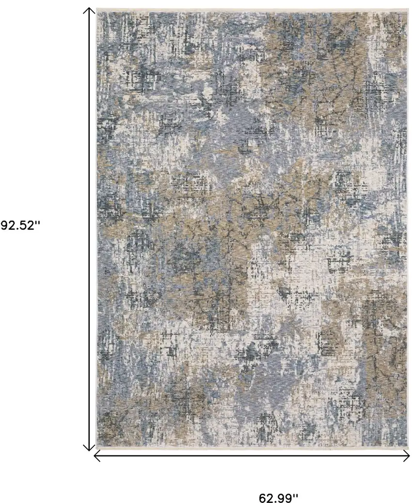 Beige And Blue Abstract Distressed Area Rug With Fringe Photo 3
