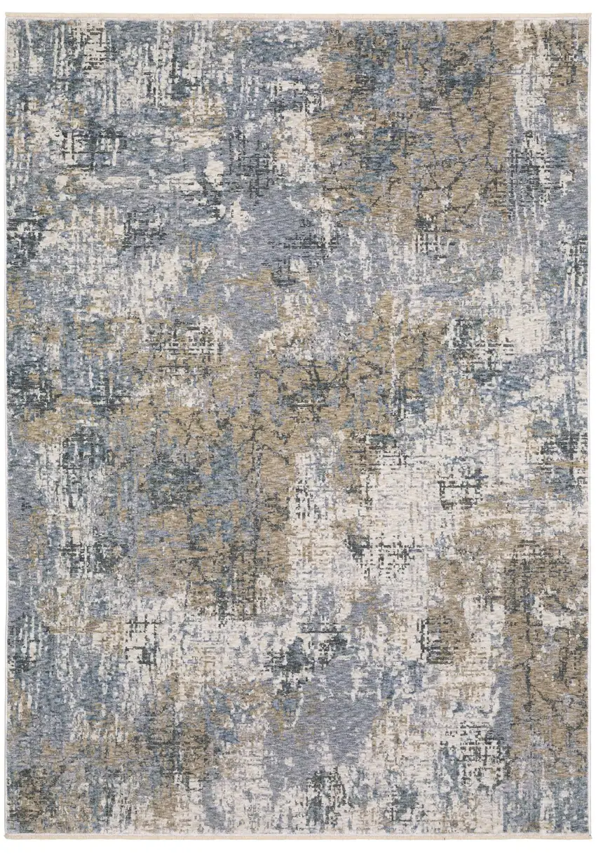 Beige And Blue Abstract Distressed Area Rug With Fringe Photo 2