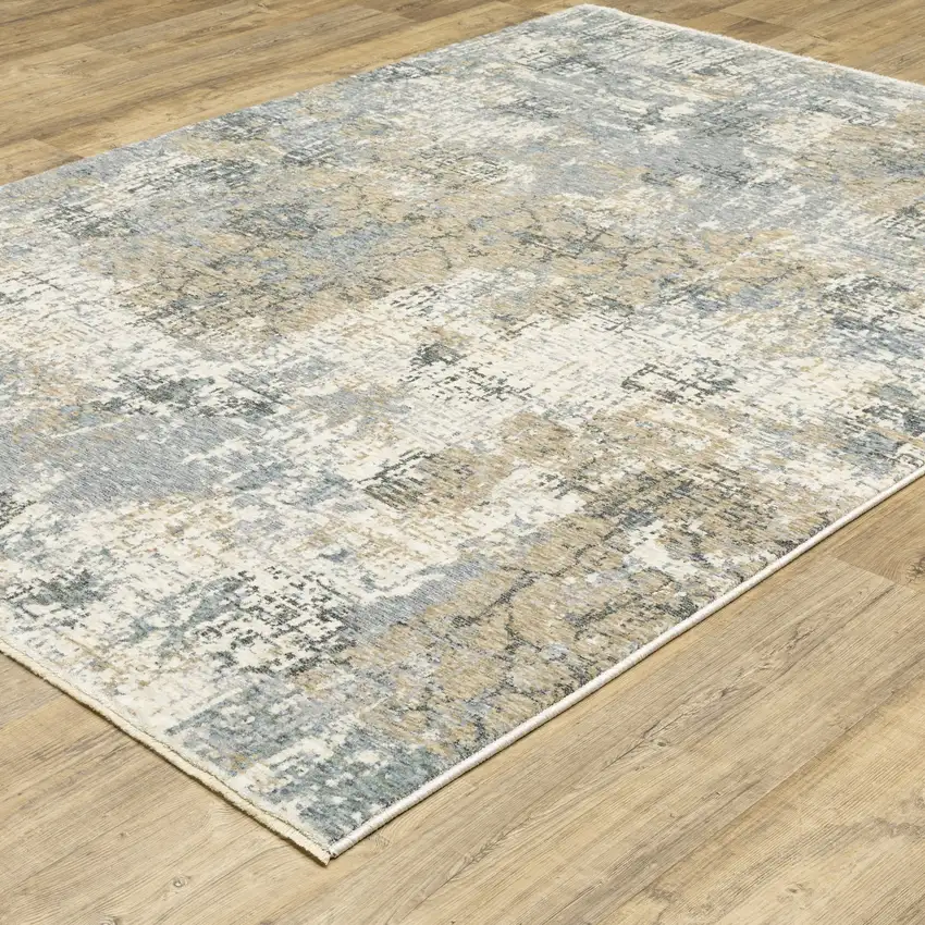 Beige And Blue Abstract Distressed Area Rug With Fringe Photo 4