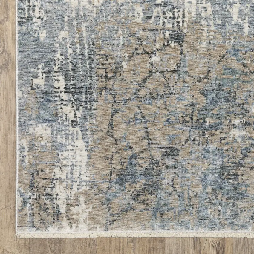Beige And Blue Abstract Distressed Area Rug With Fringe Photo 5