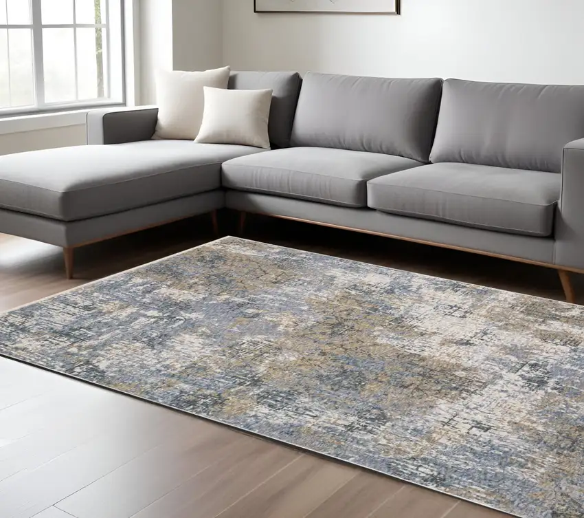 Beige And Blue Abstract Distressed Area Rug With Fringe Photo 1