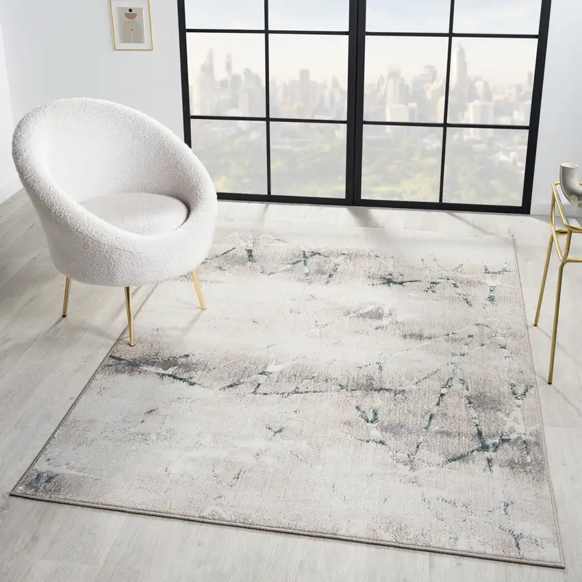 Beige And Blue Abstract Distressed Area Rug Photo 6