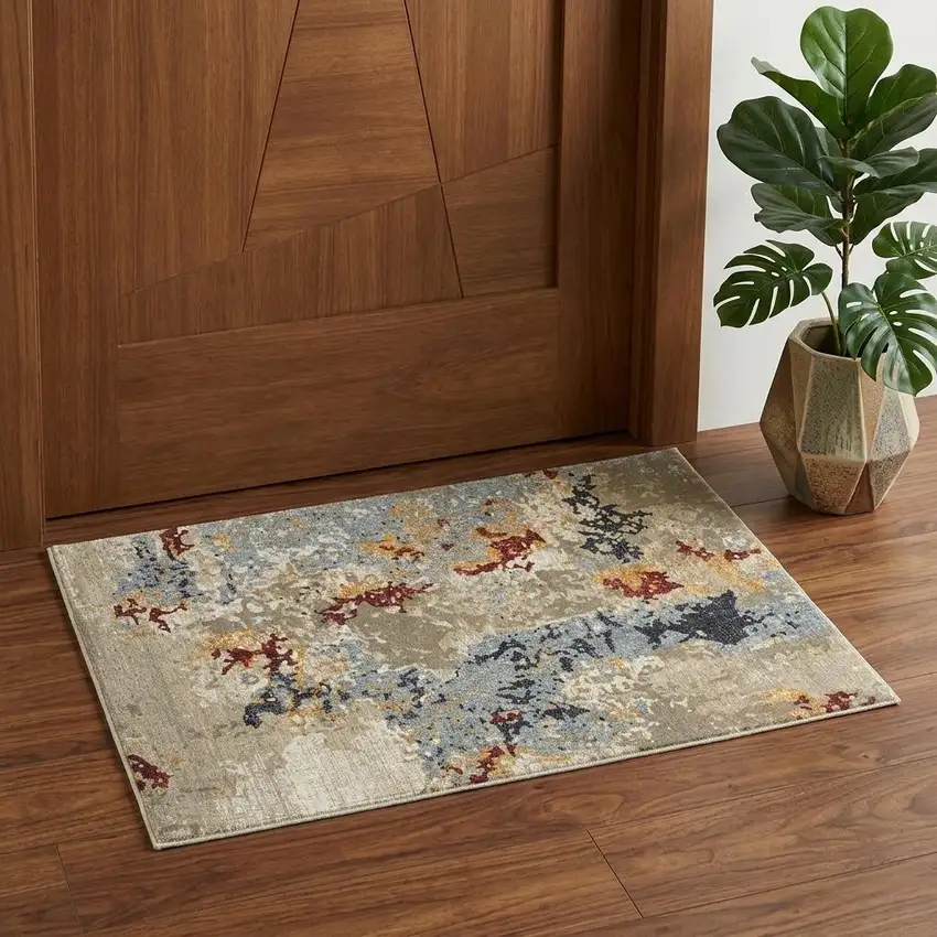 Blue and Beige Abstract Power Loom Area Rug Photo 1