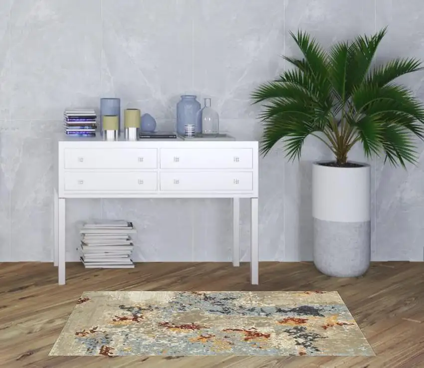 Beige And Blue Abstract Power Loom Stain Resistant Area Rug Photo 2