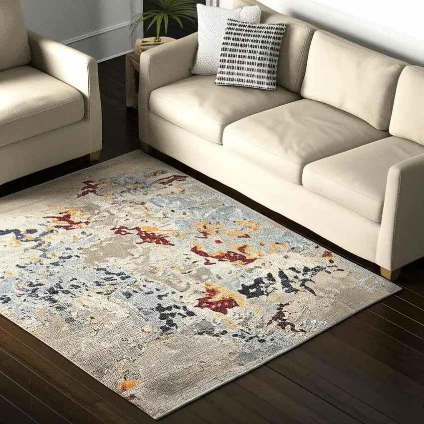 Blue and Beige Abstract Power Loom Area Rug Photo 1