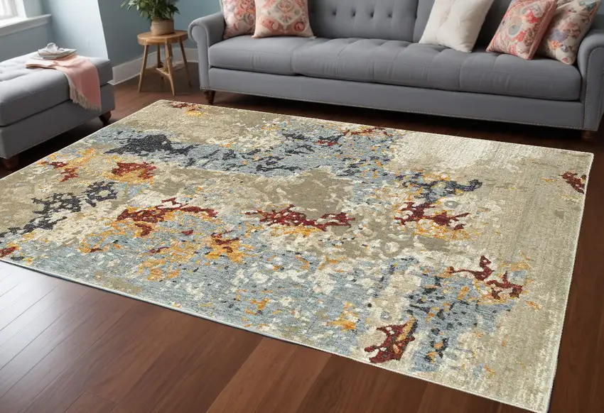 Blue and Beige Abstract Power Loom Area Rug Photo 1