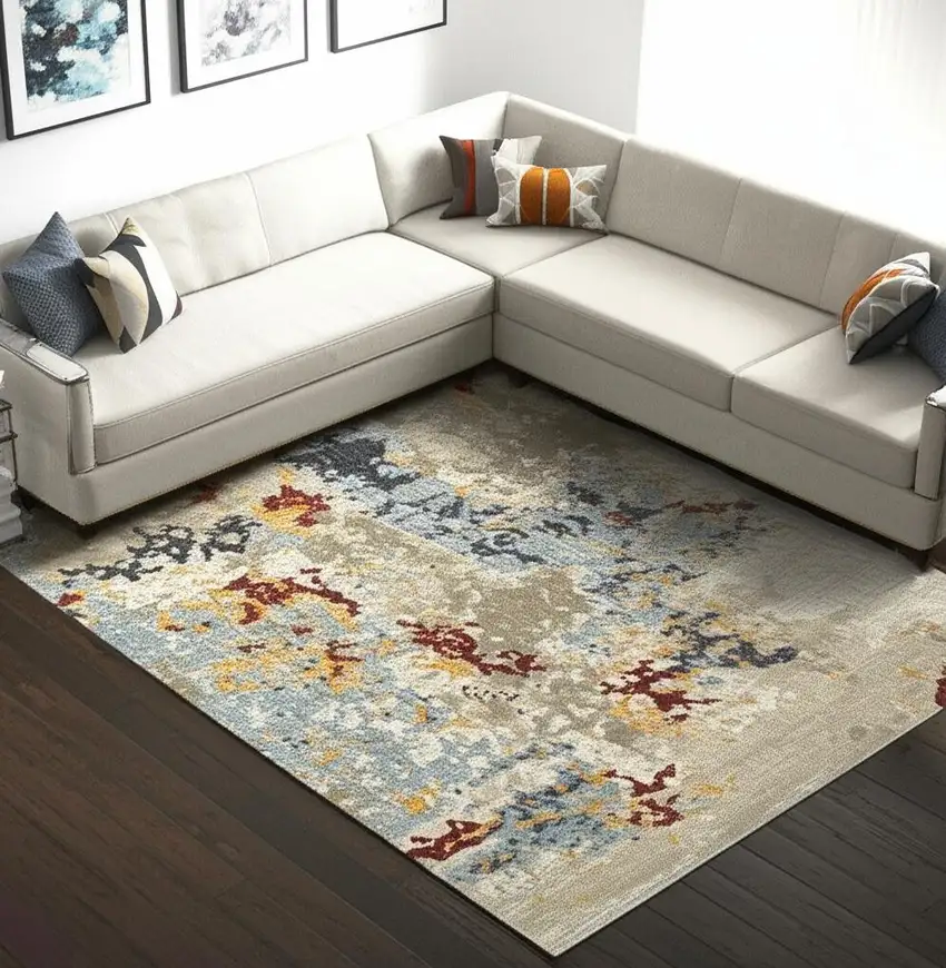Blue and Beige Abstract Power Loom Area Rug Photo 1