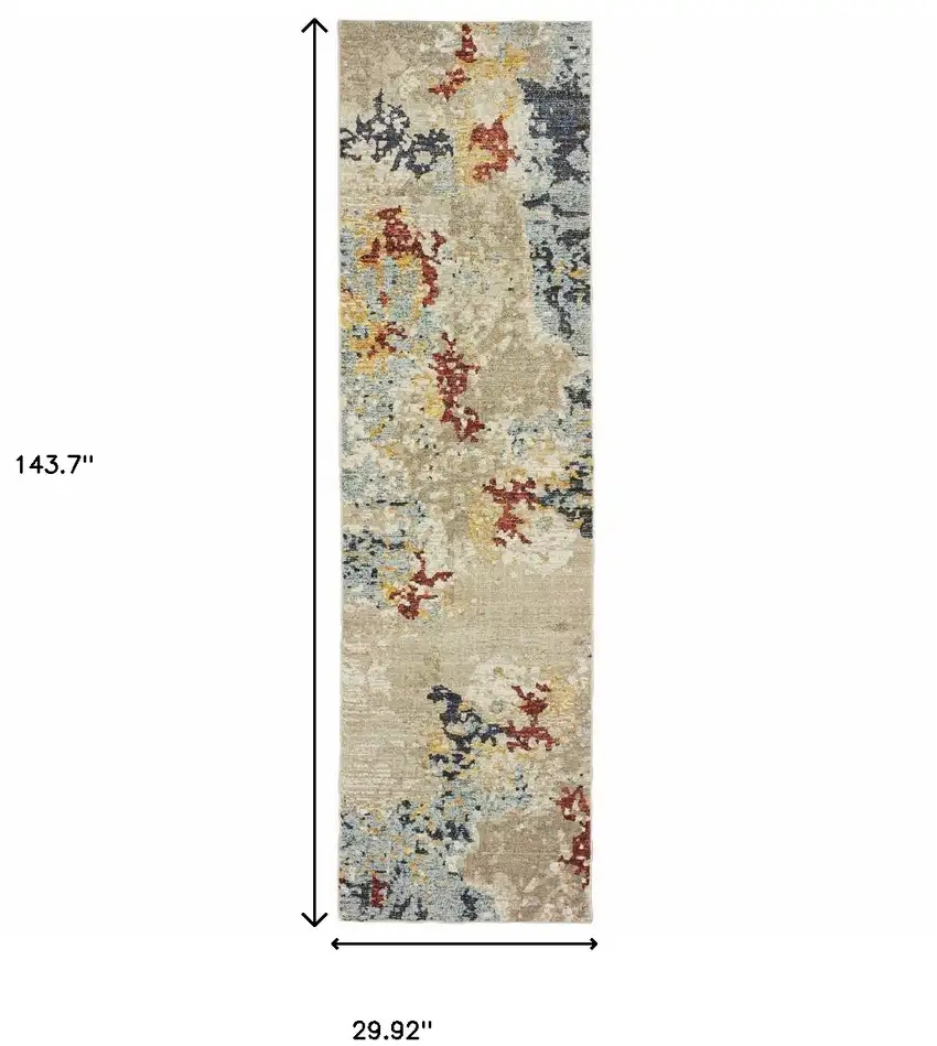 Beige And Blue Abstract Power Loom Stain Resistant Runner Rug Photo 8