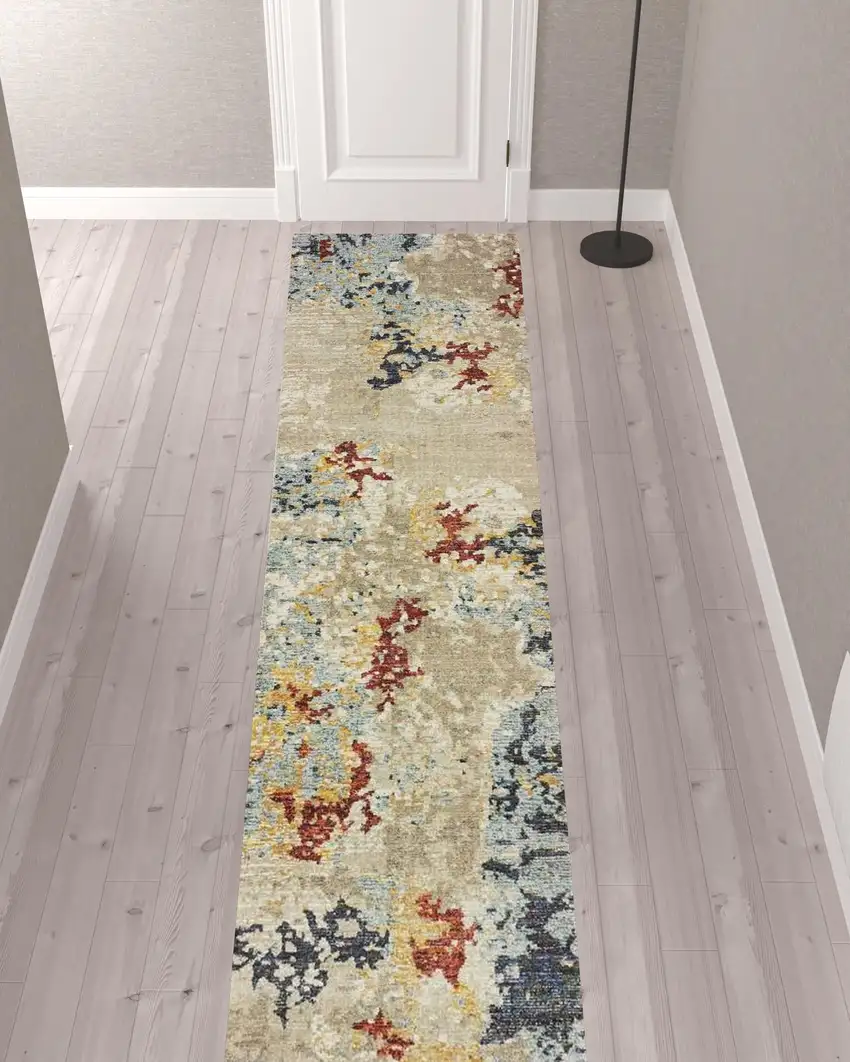 Beige And Blue Abstract Power Loom Stain Resistant Runner Rug Photo 2