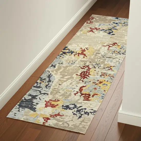 12' Beige And Blue Abstract Runner Rug Photo 1