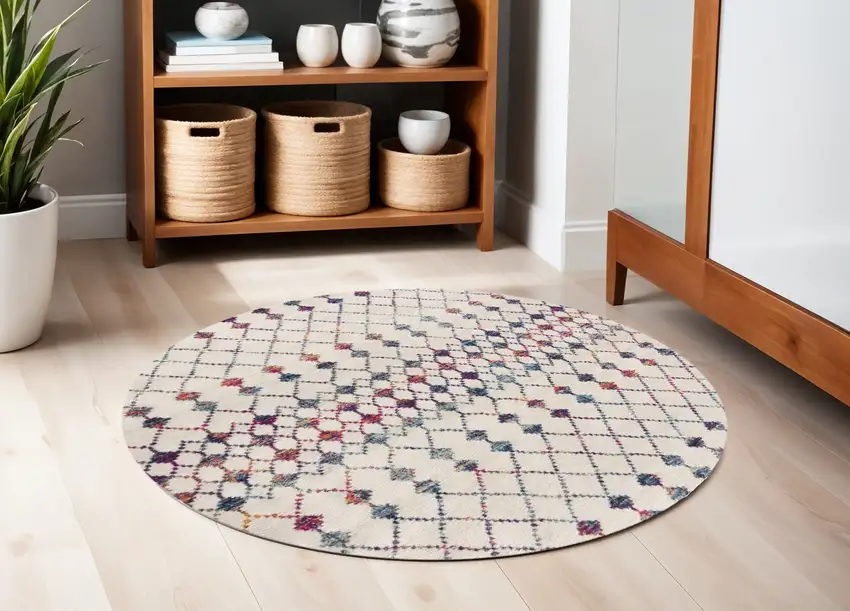 Beige And Blue Abstract Round Rug Photo 1