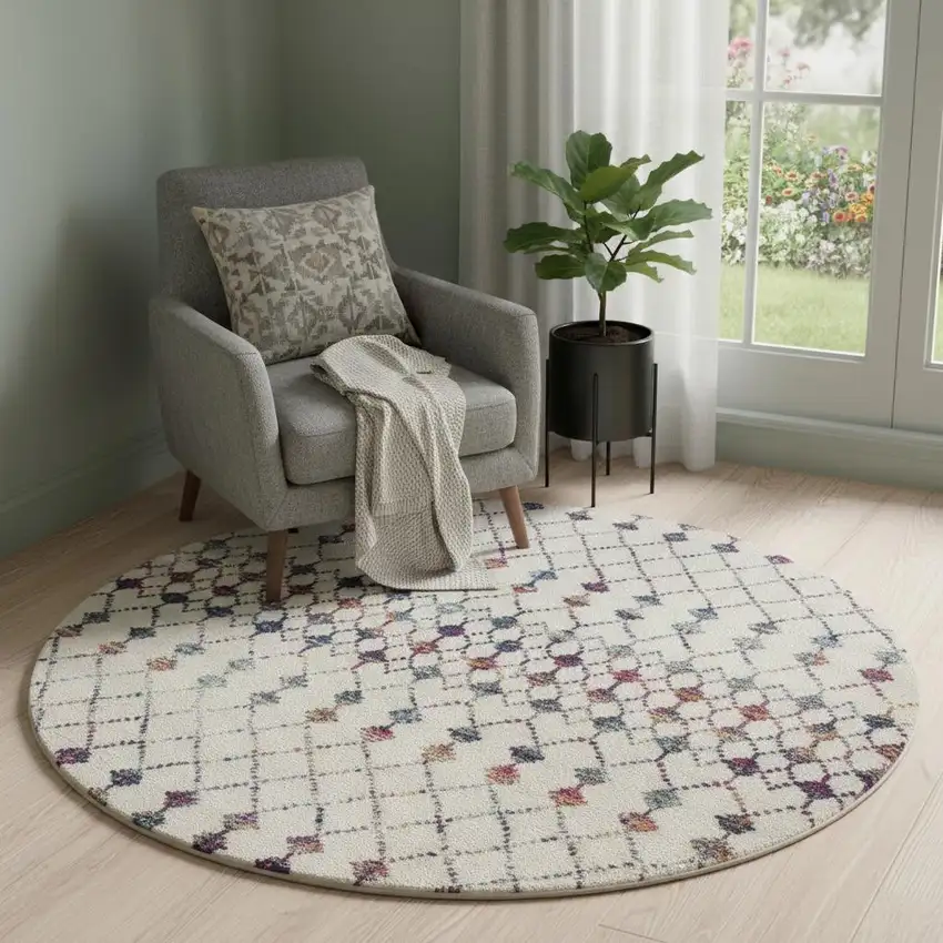 Beige And Blue Abstract Round Rug Photo 1