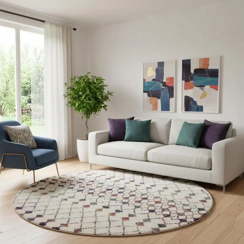 8' X 8' Beige And Blue Abstract Round Rug Photo 1